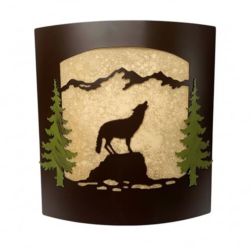 Image of Rustic Wolf with Pine Tree Wall Sconce - Frosted Amber Glass | Burnished Bronze Metal, Lodge Cabin Decor, Woodland Nature Design, Wall Light Fixture