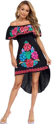Image of YZXDORWJ Women's Mexican Asymmetrical Dress Embroidered Floral Off-Shoulder Cocktail Latina Fiesta Dress