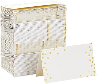 100-Pack Blank Wedding Name Place Cards for Table Setting with Gold Foil Polka Dotted Border, White, 8.9 x 5 cm