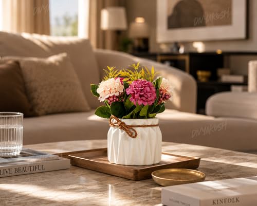 Image of Divyakosh Artificial Flowers Bunch with Vase for Home Decor, Hydrangea Flower Arrangement with Ceramic, Flower Vase's, Home Decoration Items for Living Room, Aesthetic Home Decoration