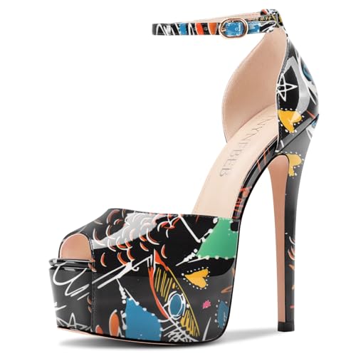 Image of TNYNFBEB Womens Stiletto High Platform Heel Peep Open Toe Sandals Ankle Strap Buckle Prom Party Dress Patent Leather 6.1 Inches Heels
