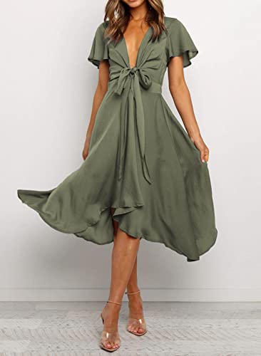 Image of miduo Womens Satin V Neck Ruffle Short Sleeve Tie Front High Waist Midi A-Line Maxi Dresses