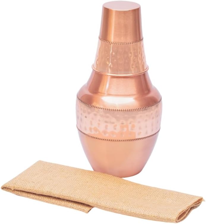 Kitchen Science Pure Copper Bedside Barrel Carafe with Tumbler and Handmade Jute Placemat 1.4 Litres, small