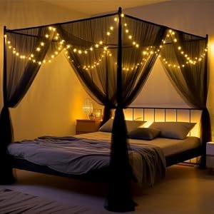 Mosquito Net Bed Canopy with 66ft LED Star String Lights, Black Netting Four Corner Post Curtains Elegant Mosquito Net