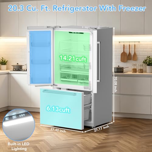 Image of 20.3 Cu. Ft. French Refrigerator, 3-Door French Door Refrigerator with Built-in Ice Maker, Digital Temperature Control with Bottom Mount Freezer Drawer for Kitchen Commercial-Stainless-Steel