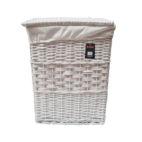 H-line White Wicker Laundry Basket With Lining & Lid Bathroom Washing Storage Hamper Bin (Medium)