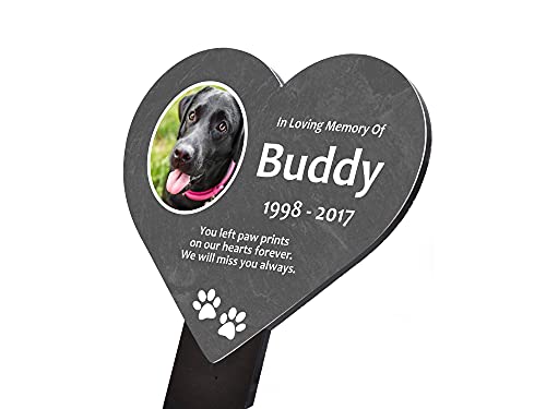 NEW Personalised Pet Memorial, Heart Shaped Plaque & Stake - outdoor, decorative, grave marker (Slate Effect)