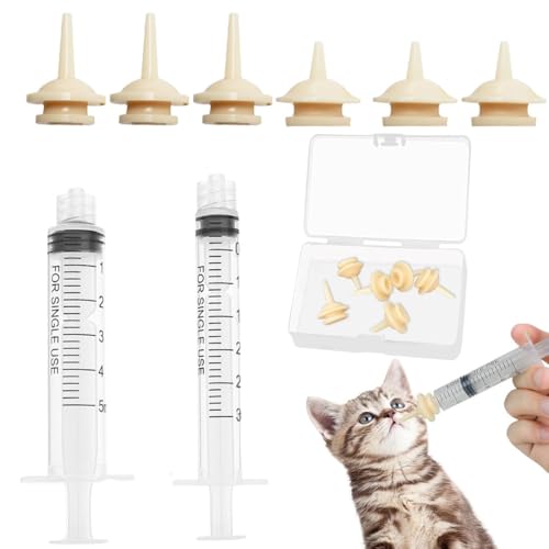 COYUN 8 Piezas Unidades Kitten Feeding Kit, Syringes & Nipple Set para Gatitos, Biberon Gatos Recien Nacidos, 2 Jeringas de alimentación y 6 Pezones de Silicona, Cachorros y Suministros Reutilizables