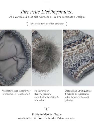 Baesics Wintermütze Rosa mit Muster Damen Herren – Gefütterte Bommelmütze mit Kunstfell Pompon, Strickmütze Beanie Stil, Made in EU, One Size, Warm & Elastisch mit Fleecefutter