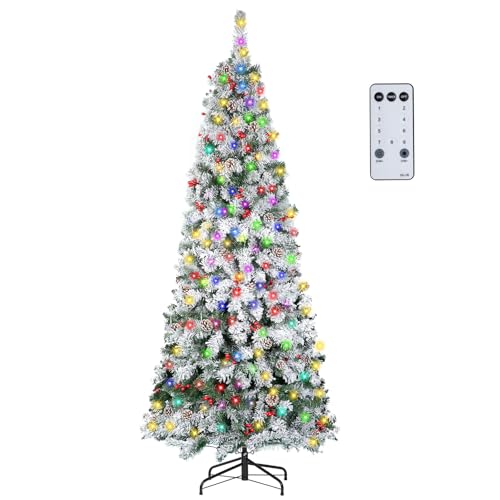 Nalone 6ft Pre-Lit Snow Christmas Tree with Remote Control and Timer, Snow Flocked Artificial Pencil...