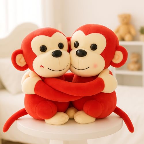 Image of Babique Monkey's Cuddly Couple Soft Toys Plush Stuffed Teddy Bear for Kids Birthday Gift (Red)
