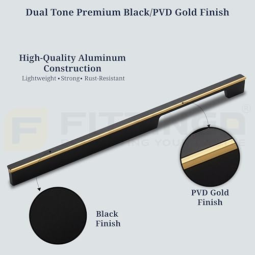 Image of Altroz Modern Handle for Wardrobe /Cabinet Handle /Pull Handle for Wardrobe /Cupboard Handle (96mm Hole to Hole) Aluminum - Black /PVD Gold (Pack of 1)-| 3 Years Warranty |