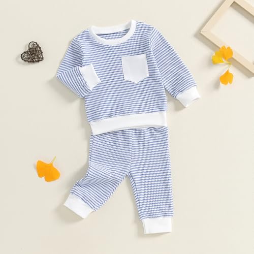 Toddler Baby Boy Waffled Clothes Stripe Long Sleeve Crewneck Sweatshirt Top + Pants Set 2Pcs Fall Winter Outfits3