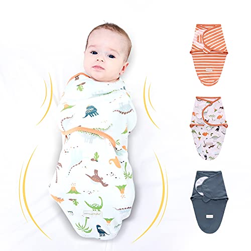 Image of 3 Pack Newborn Swaddle Blanket Adjustable Wrap Receiving Blanket Baby 100% Cotton Sleep Bag (0-3 Months, Dinosaur + Orange Stripe + Green)