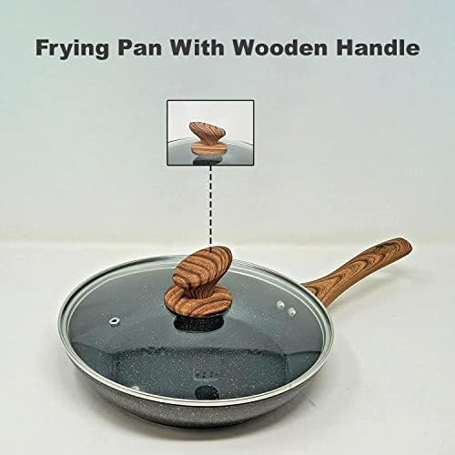 AEX Non-Stick Copper Frying Pan with Wooden Handles | Suitable for Induction, Electric and Gas Hobs | Stone Frying Pan | Anti-Scratch Pans (24 Cm with Lid)