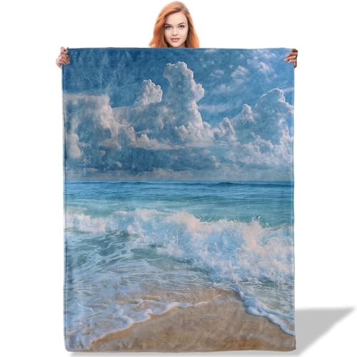Plistiz Ocean Waves Throw Blanket 50"x60", Beach Lover Blankets for Couch Bed Decor, Soft Flannel Polyester Beach Gifts for Adults Kids