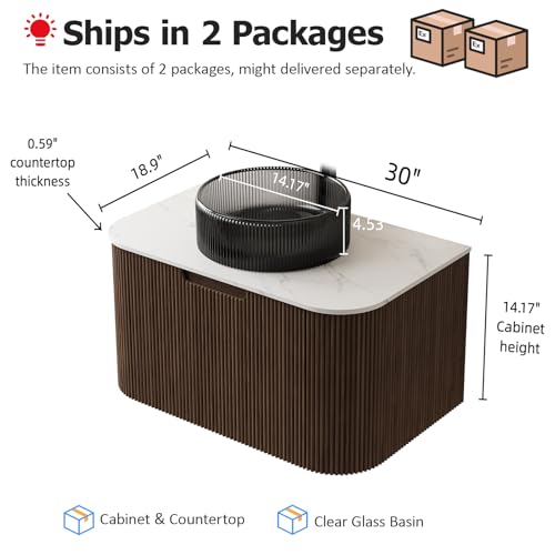 30" Solid Wood Bathroom Vanity with Sink, Floating Bathroom Cabinet with Ultra-Thin Transparent Glass Sink and Marble Countertop, Large Storage Drawer, No Assembly Required, Light Green