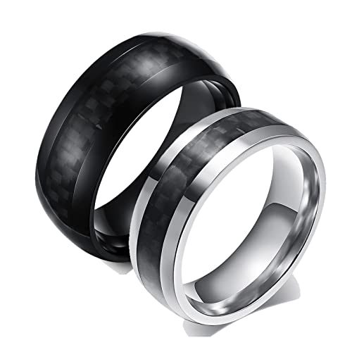 Bague homme femme acier inoxydable large 8mm alliance fibre de carbone