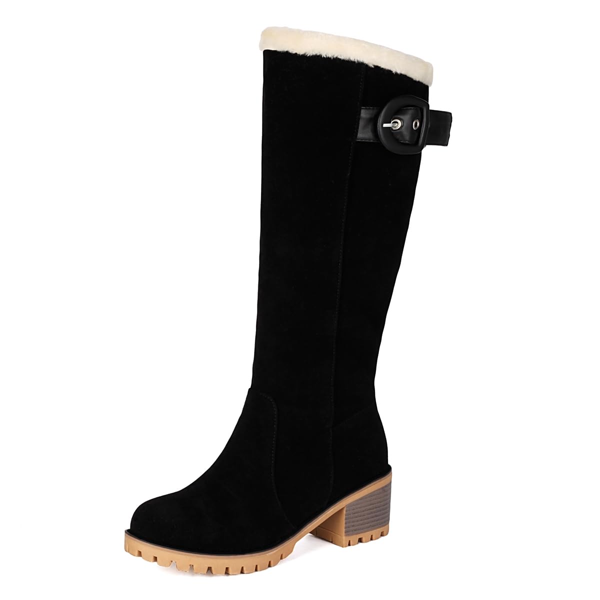Winter Fur Knee High Snow Boots For Womens Round Toe Zipper Chunky Heels Wide Calf Warm Tall Dressy