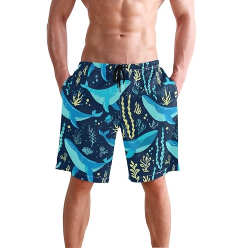 Ocean Whale Seaweed Blue Mens Swim Trunks Quick Dry Beach Shorts with Pocket S 2303162