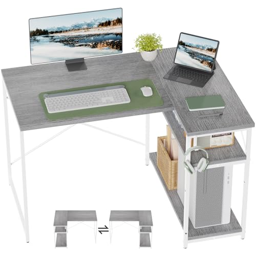 TRIUMPHKEY Scrivania ad Angolo Reversibile 110 x 80cm, Scrivania a Forma di L con Ripiani,Tavolo da Lavoro,Struttura in Acciaio, per Computer, Ufficio, Studio and Soggiorno, Grigio