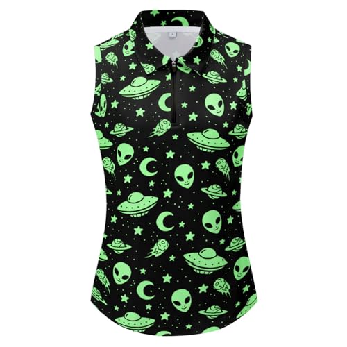 Green Alien UFO Moon Golf Polo Shirts for Women Zip Up Sports Shirts Work Out Tank Tops Lightweight Quick Dry for Tennis M