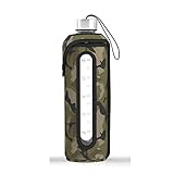 32 Oz Glass Water Bottle 1L Quart Insulated Sleeve Stainless Steel Lid Time Marked Standard Mouth Liter Container For Drinking Travel To-Go Reusable Safe For Hot Liquids Tea Coffee Hydro Daily Intake