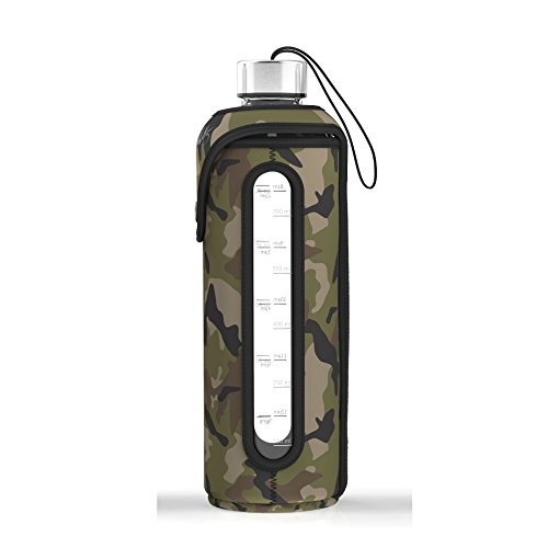 32 Oz Glass Water Bottle 1L Quart Insulated Sleeve Stainless Steel Lid Time Marked Standard Mouth Liter Container For Drinking Travel To-Go Reusable Safe For Hot Liquids Tea Coffee Hydro Daily Intake