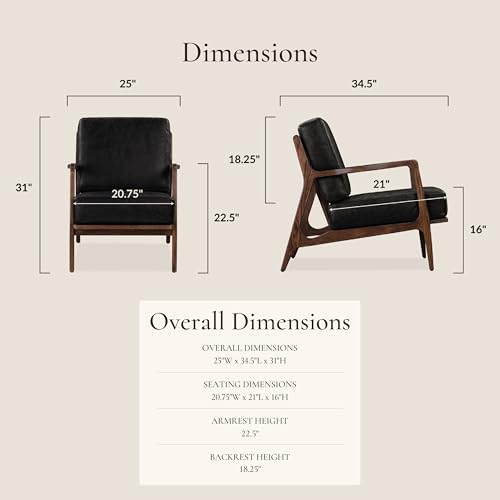 Image of Poly & BARK Verity Leather Accent Chair - Armchair with Walnut Wood Frame - Fashion-Forward Lounge Seating for Living Room - Upholstered in Onyx Black Leather for Modern Style