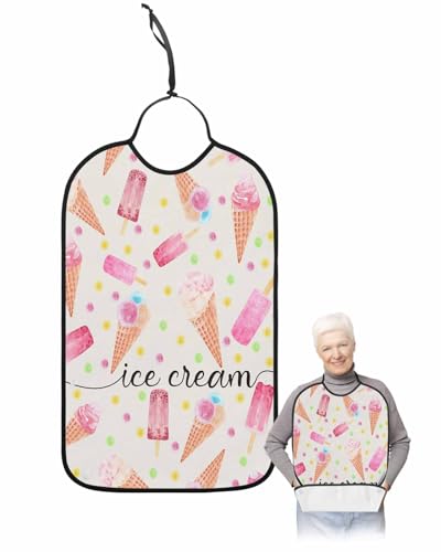 Jolunifun Summer Ice Cream Adult Bib for Adults Men, Women, Watercolor Pink Gradual Dots Washable & Adjustable Terry Cloth Bib with Crumb Catcher Reusable Waterproof Clothing Clothes Protector Apron