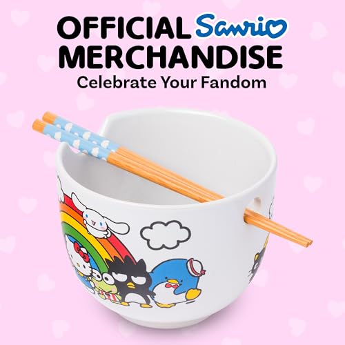 Silver Buffalo Sanrio Hello Kitty and Friends Rainbow Featuring Chococat, Pompompurin, My Melody, Keroppi, Badtz-Maru, Tuxedo Sam, Cinnamoroll Ceramic Ramen Rice Bowl with Chopsticks, 20 Ounces