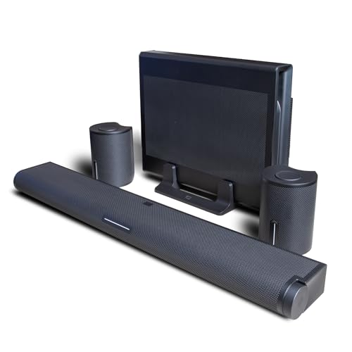 5.1 Surround sound speaker system with soundbar and two satellite speakers, designed for enhanced audio experience in home theater setups.