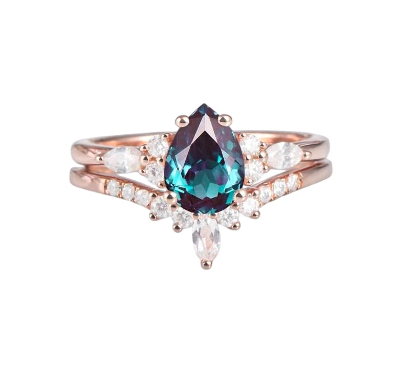 Pear alexandrite engagement ring set vintage unique Cluster rose gold anniversary ring wedding Bridal art deco promise ring set