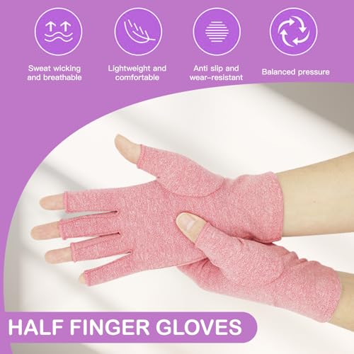 Bettinay 3 works Compression Gloves, Non-slip Fingerless Gloves Women Men for Computer Typing Dailywork, Pink - Image 3