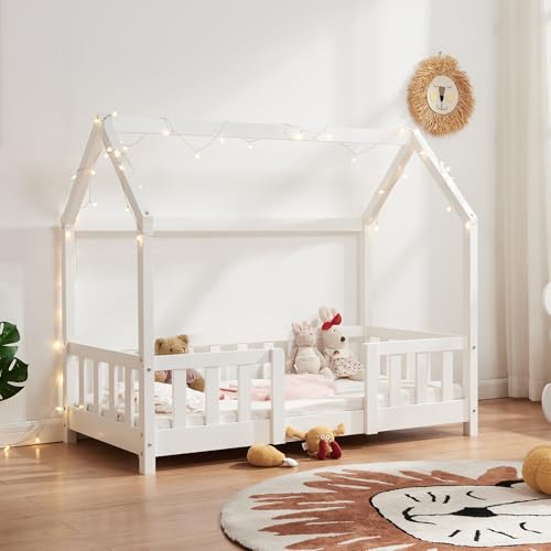 [en.casa] Kinderbett Sisimiut Hausbett Montessori 70 x 140 cm mit Rausfallschutz Holzbett für Kinder Bodenbett Lattenrost Kiefernholz Weiß matt