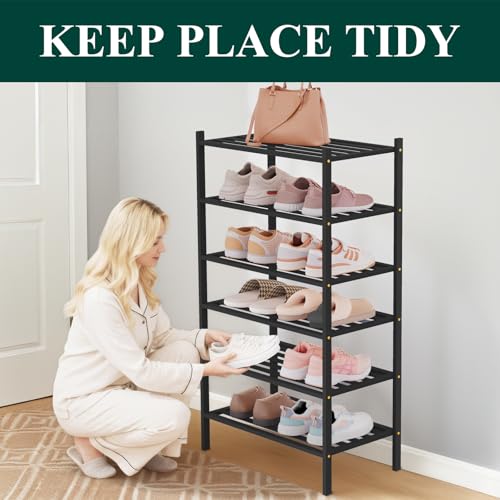 Image of Smiry Bamboo Shoe Rack, 5 Horizontal Slats, 6 Tier - 17.3 inch Wide, Black