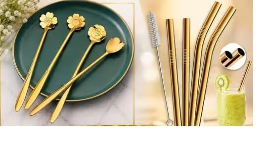 Gold Stainless Steel Drinking Straws with Cleaning Brush, Set of 4 | Straight & Bent Types, Reusable, Flower Spoons Included, Gold Finish, Cocktail & Juice Use-image-21