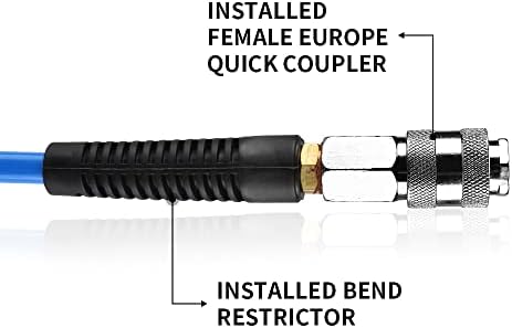 Air Compressor Hose Polyurethane(PU) Recoil Blue with 1/4" Europe Quick Coupler and Plug Fittings, 10m Length