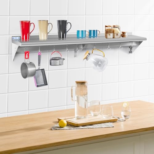 Image of Hally Stainless Steel Shelf with 9 Hooks 18 inch x 60 inch Wall Mounted Pot Rack 450lb, NSF Commercial Floating Shelving for Storage Hanging Pots, Pans, cookware in Restaurant, Kitchen, Home and Hotel