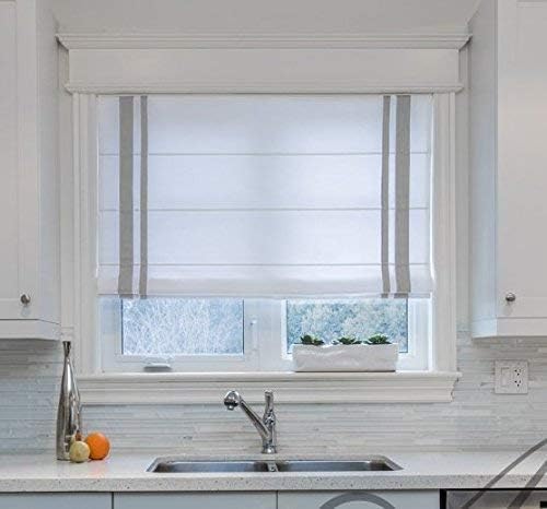 Cortinas opacas - Persianas romanas planas Chevalle Silver. Base blanca con sofisticado borde plateado doble. Decoración del hogar para dormitorio,