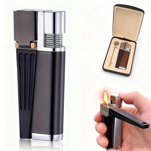 WYYYDA 2-in-1 Retro Foldable Lighter with Leather Gift Box, Soft Flame, All-in-One Portable, Refillable Metal Folding Butane Lighter, Gift for Men and Women (Black-1pc)