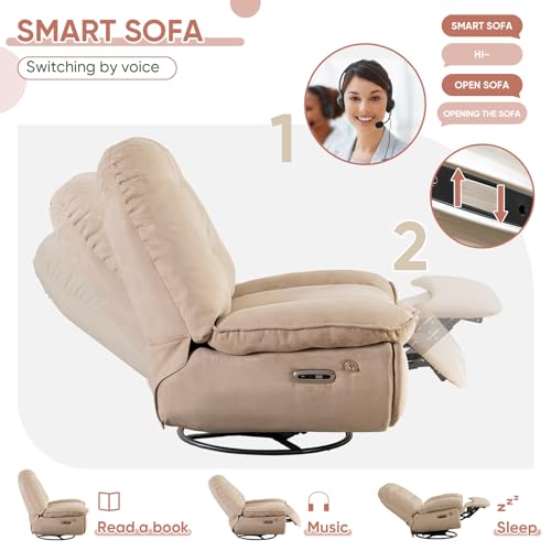 Deolme Oversized Electric Recliner for Adults with USB Ports, 360° Round Swivel Chair, Rocker Glider, Smart Control sillas reclinable for Gaming Lounge Theater Seating, Camel Brown Comfy Fabric