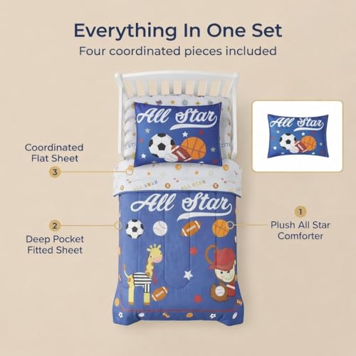 Image of EVERYDAY KIDS 4 Piece Toddler Bedding Set - Jungle Sports - Soft 100% Cotton Percale - Includes Comforter, Flat Sheet, Fitted Sheet and Reversible Pillowcase