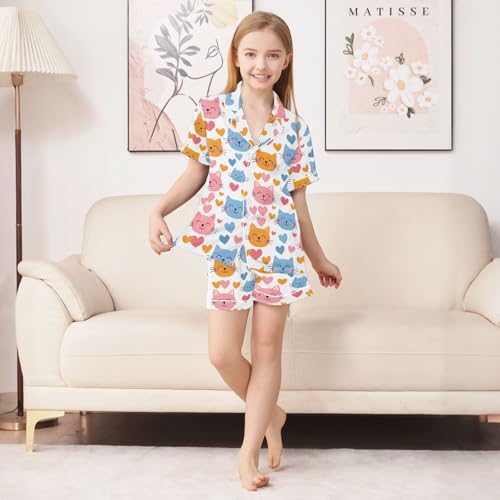 ALAZA Cartoon Cat Love Heart Pajamas Satin Pajama Set Short Sleeve Button Down Sleepwear3