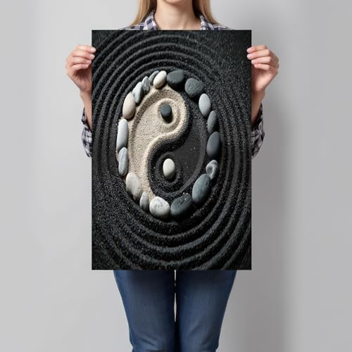 Impression sur Toile Style Zen, Tableau Affiche Décoration Murale à Cailloux symbole du Yin-Yang, Tableau Décoratif Noir et blanc, Art Mural pour Salon...