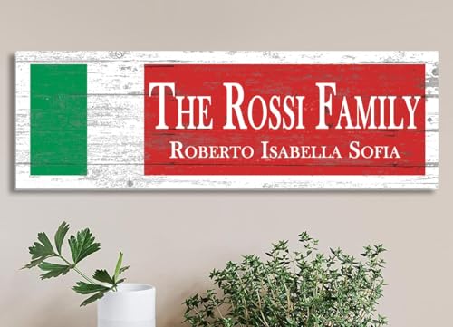 Wooden Italian Flag Family Sign - Personalized Italy Heritage Plaque with Custom Names - 16.5x5.5 Solid Wood