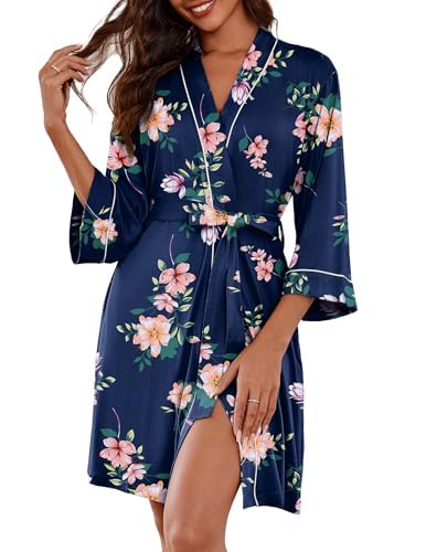 Image of Ekouaer Women Kimono Robes Knee Length Knit Bathrobe Lightweight Soft Sleepwear V-neck Casual Ladies Loungewear