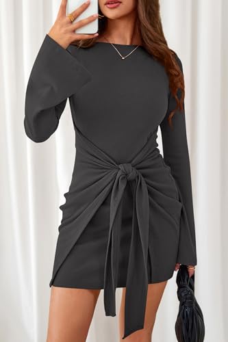 dowerme Women's Casual Mini Dress 2026 Bell Long Sleeve Boat Neck Tie Waist Bodycon Dresses Knitted Party Fall Outfits(Dark Grey,Small) — view 3