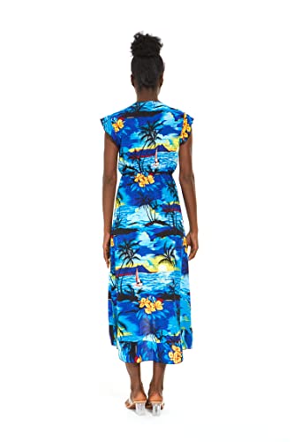 Matchable Couple Hawaiian Luau Shirt or Wrap Ruffle Dress in Sunset Neon3