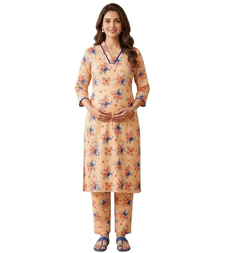 Image of DUMMY SHAPE Maternity Dresses for Women Cotton | Floral Kurta Pant Dupatta Set with Nursing Zippers, Side Pocket | Pre & Post Pregnancy | Feeding Kurti Suit | Baby Shower | Gifts for Pregnant Woman
